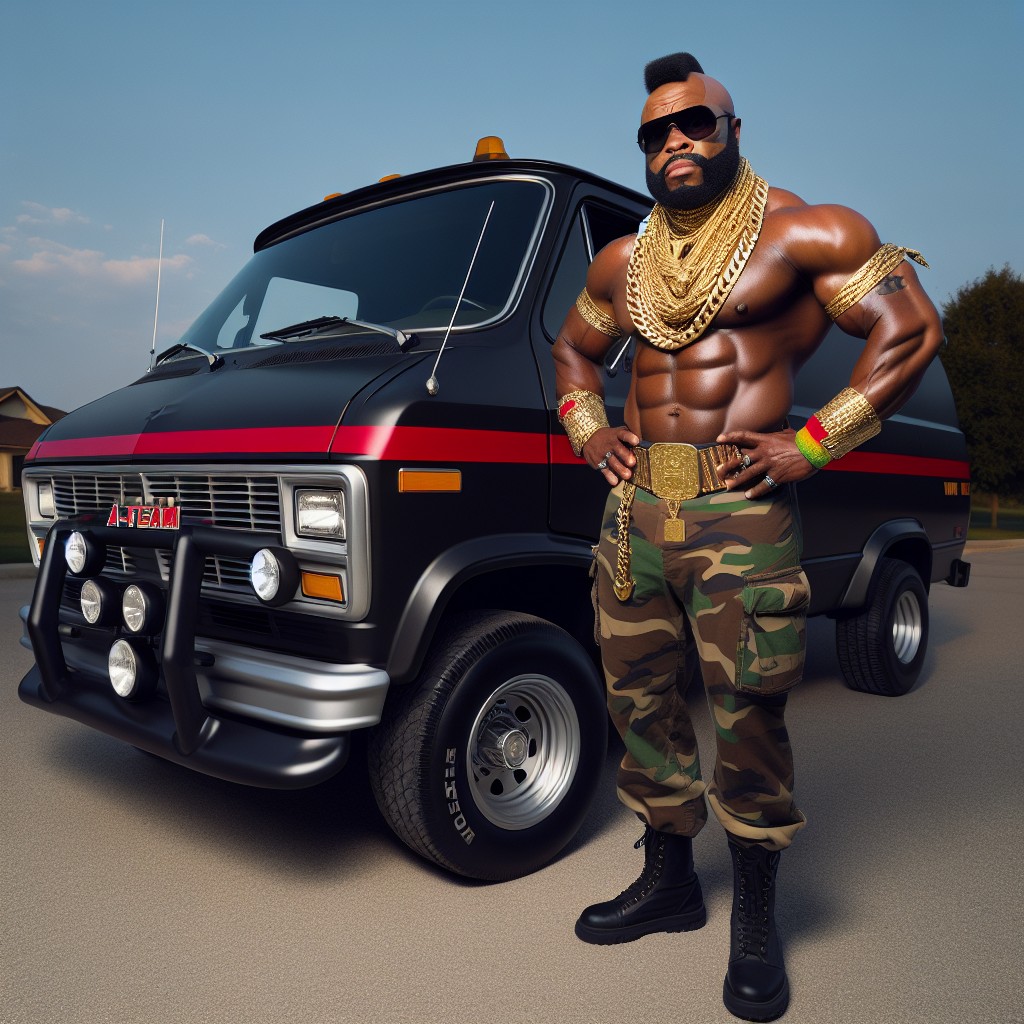 Mr T standing next to the A Team van (portrait DALL·E image)