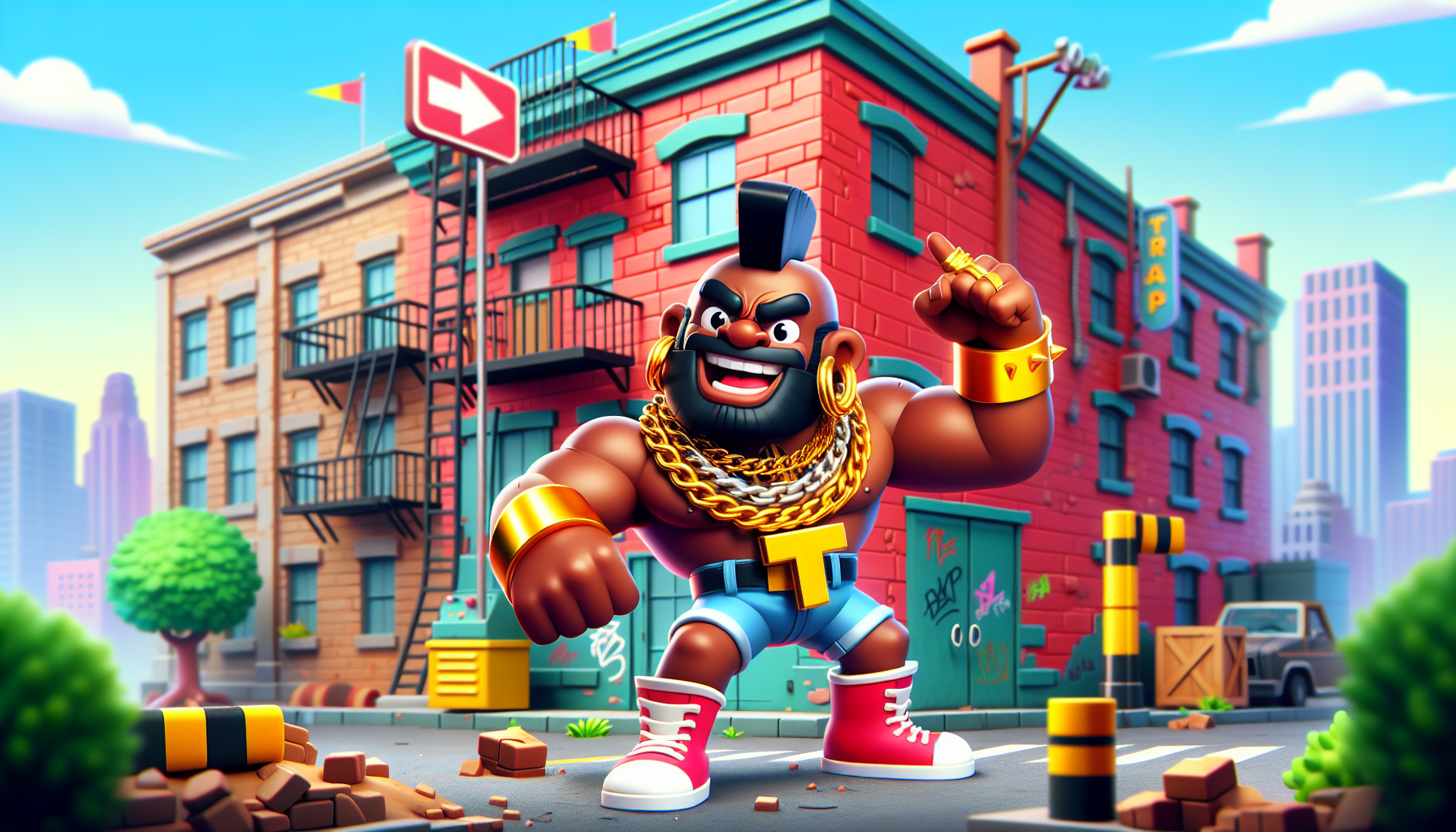 Cartoon Mr T lookalike in mohawk, gold chains, action pose, next to an old red brick building, 1980s landscape illustration.