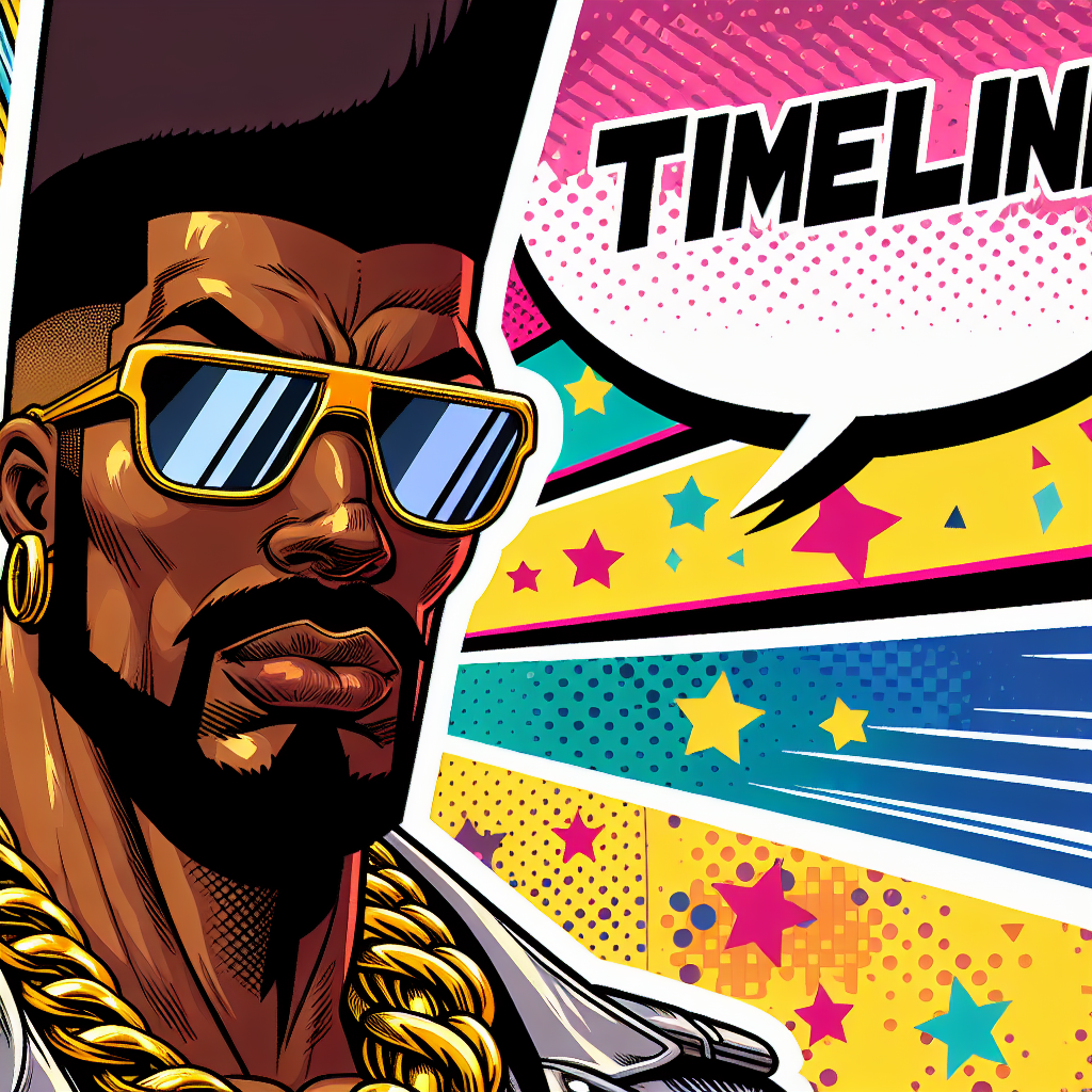 Mr T Timeline intro card, DALL·E comic style.